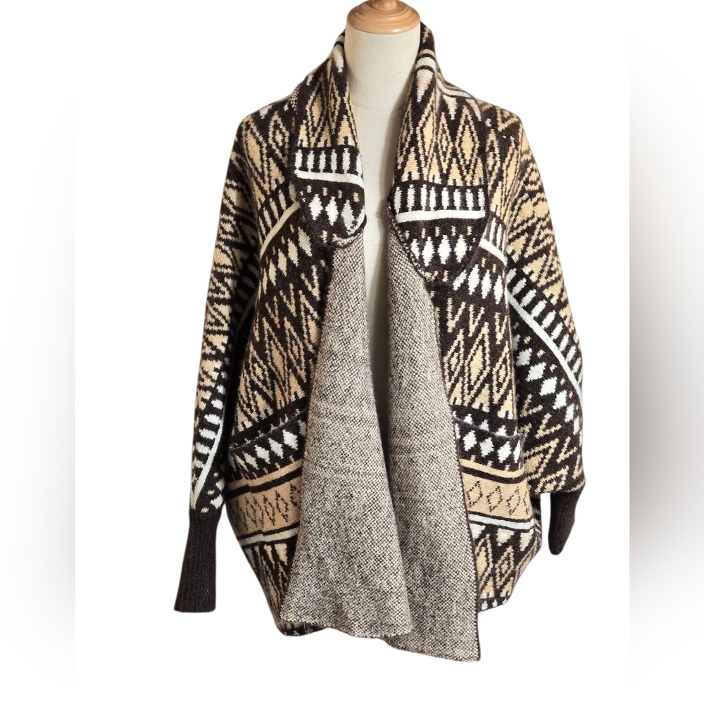 Look By M Anthropologie Brown & Tan Geometric Bat Wing Open Front Cardigan NWT